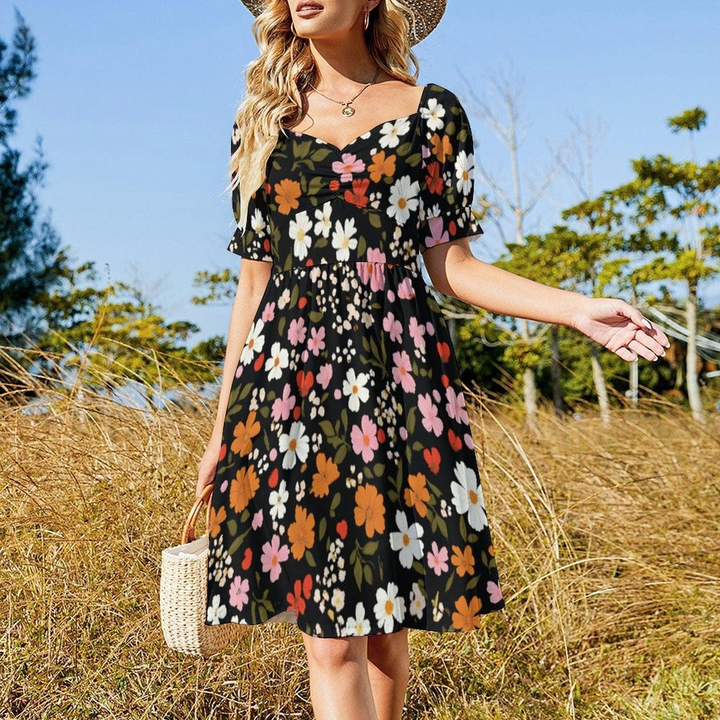 Black Floral Dress, Retro Daisy Sundress, Festival Brunch Outfit, Casual Boho Dress
