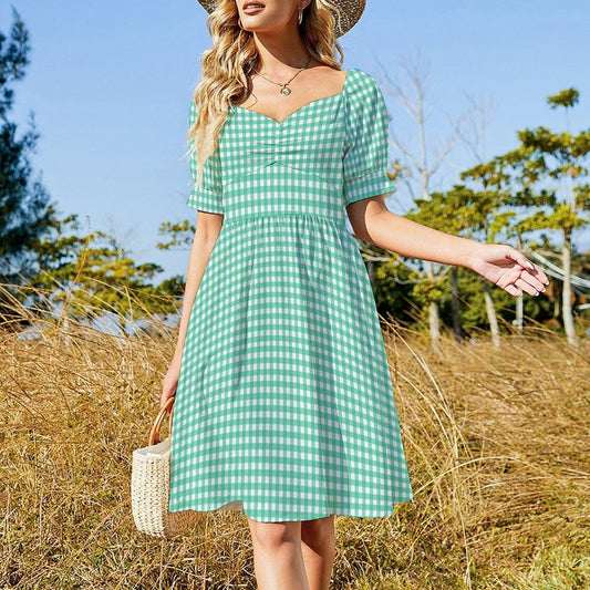 Green Gingham Picnic Dress, Cottagecore Summer Puff Sleeve Dress, Sweetheart Neckline Midi, Retro Pastel Dress for Outdoor Garden Tea Party