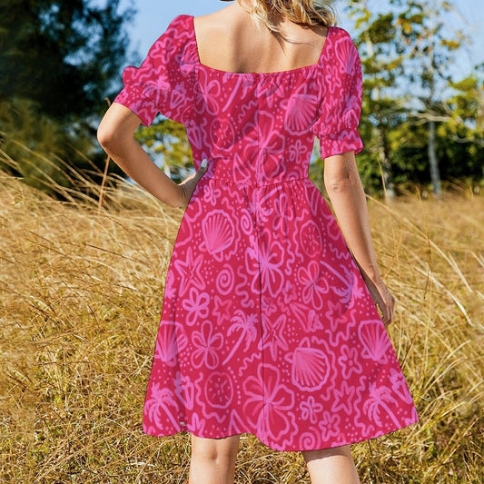 Hibiscus Sundress, Hot Pink Shell Print Dress, Beach Club Outfit, Coastal Summer Dress