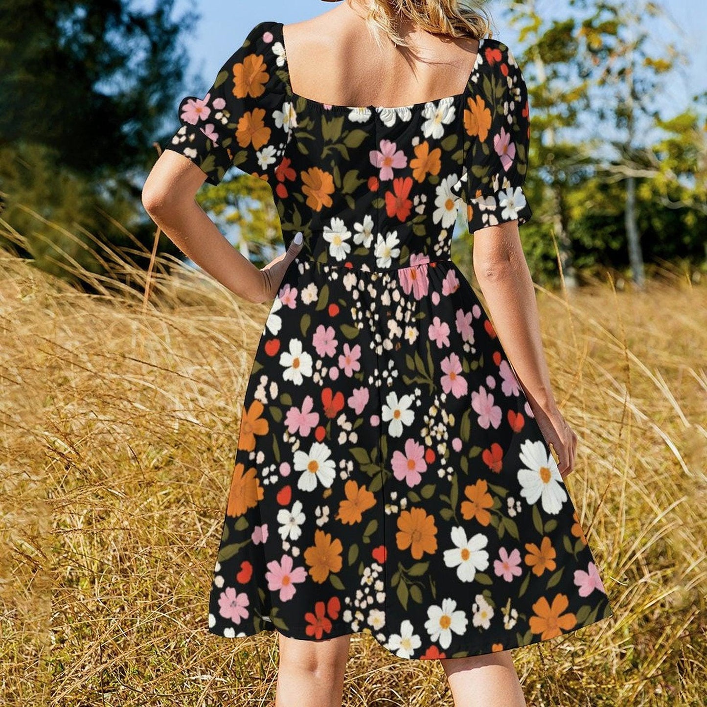 Black Floral Dress, Retro Daisy Sundress, Festival Brunch Outfit, Casual Boho Dress