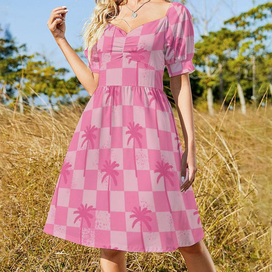 Tropical Resort Dress, Pink Palm Check Dress, Beach Vacation Outfit, Island Getaway Look