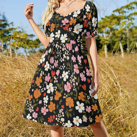Black Floral Dress, Retro Daisy Sundress, Festival Brunch Outfit, Casual Boho Dress