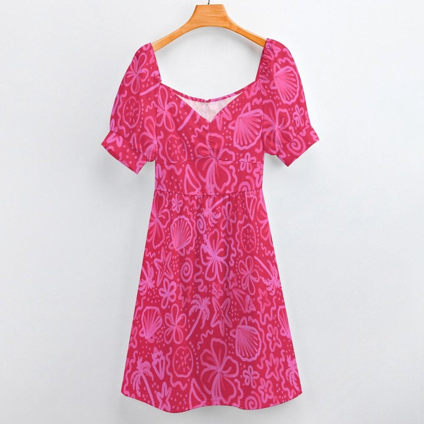 Hibiscus Sundress, Hot Pink Shell Print Dress, Beach Club Outfit, Coastal Summer Dress
