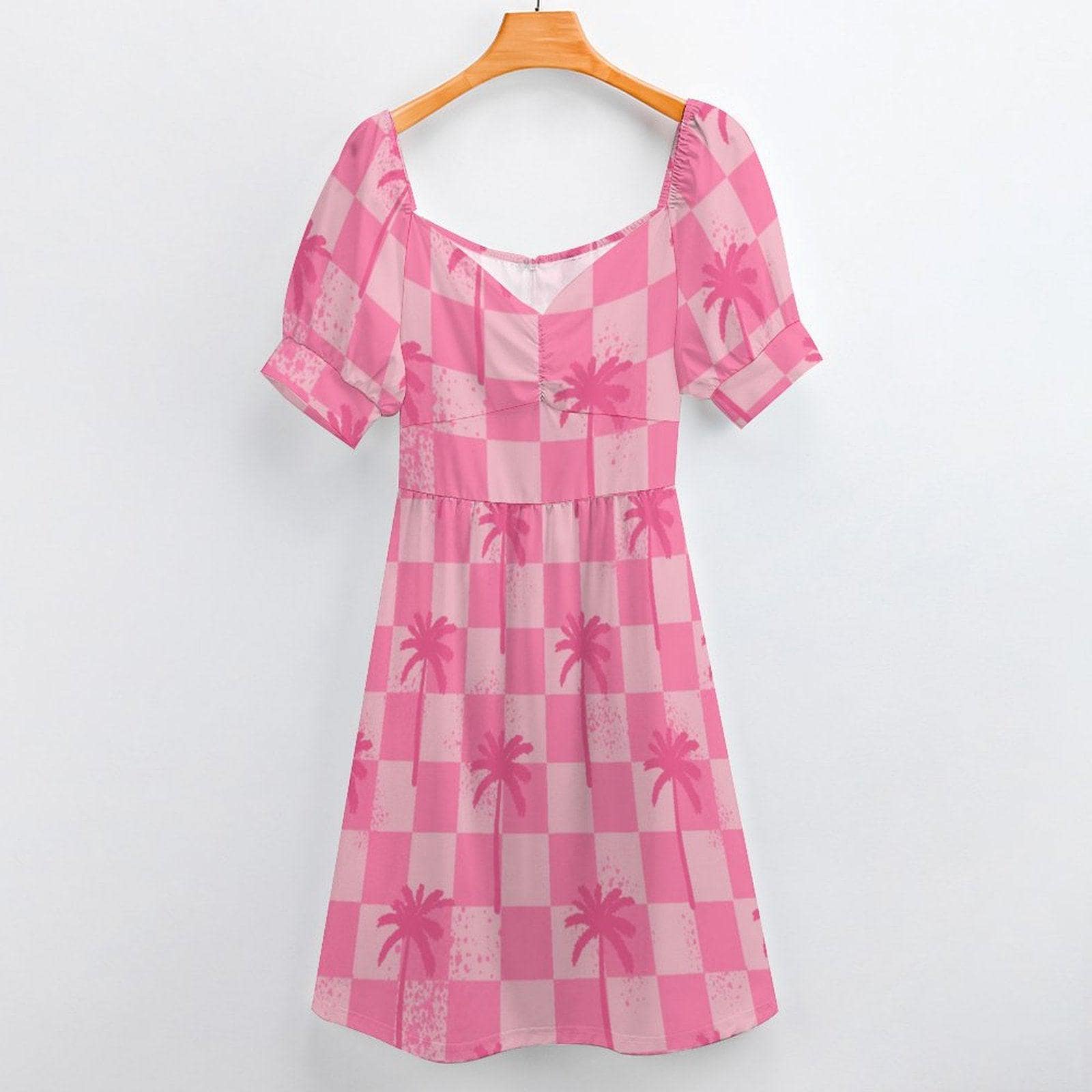 Tropical Resort Dress, Pink Palm Check Dress, Beach Vacation Outfit, Island Getaway Look