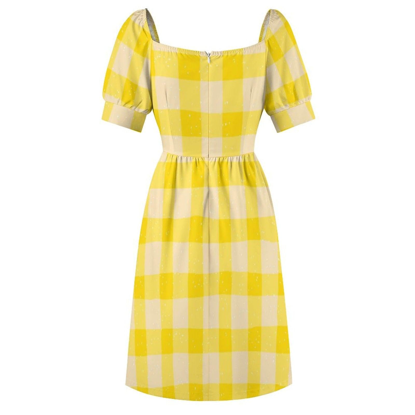 Yellow Gingham Puff Sleeve Midi Dress, Cottagecore Picnic Style, Retro Summer Outfit