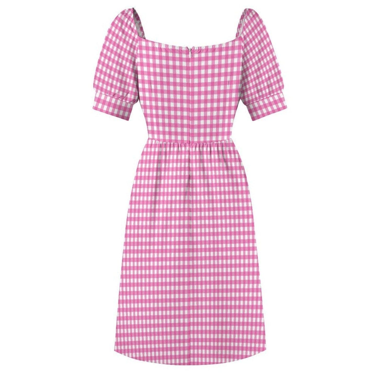 Tiny Check Pink Dress, Gingham Summer Brunch Outfit, Romantic Picnic Girlcore Look, Cottagecore Midi Puff Sleeve Dress, Pink Soft Style