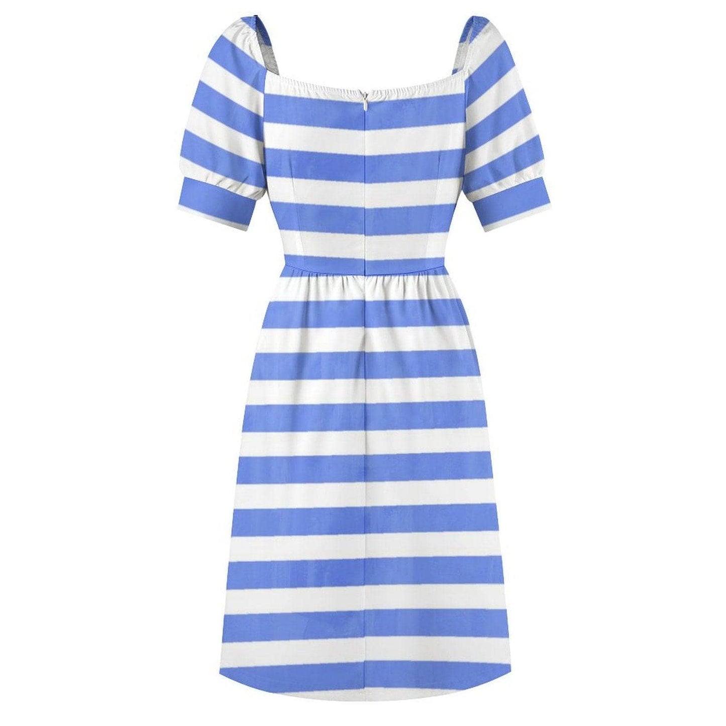 Blue White Stripe Dress, Nautical Summer Sundress with Puff Sleeves Retro Style