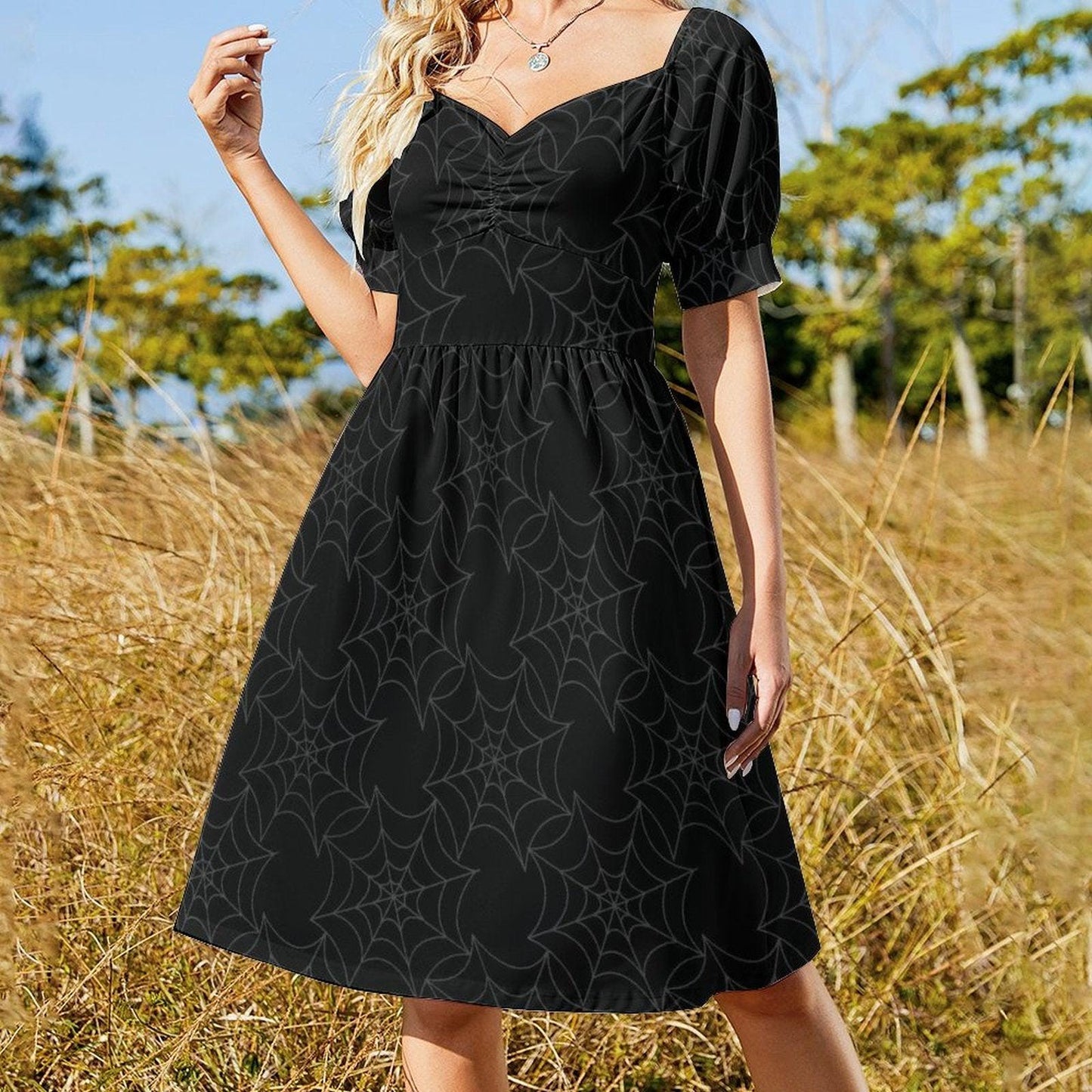 Spiderweb gothic sundress, Halloween puff sleeve dress, spooky occult picnic outfit, dark fairycore spider fashion, cobweb cottagecore look