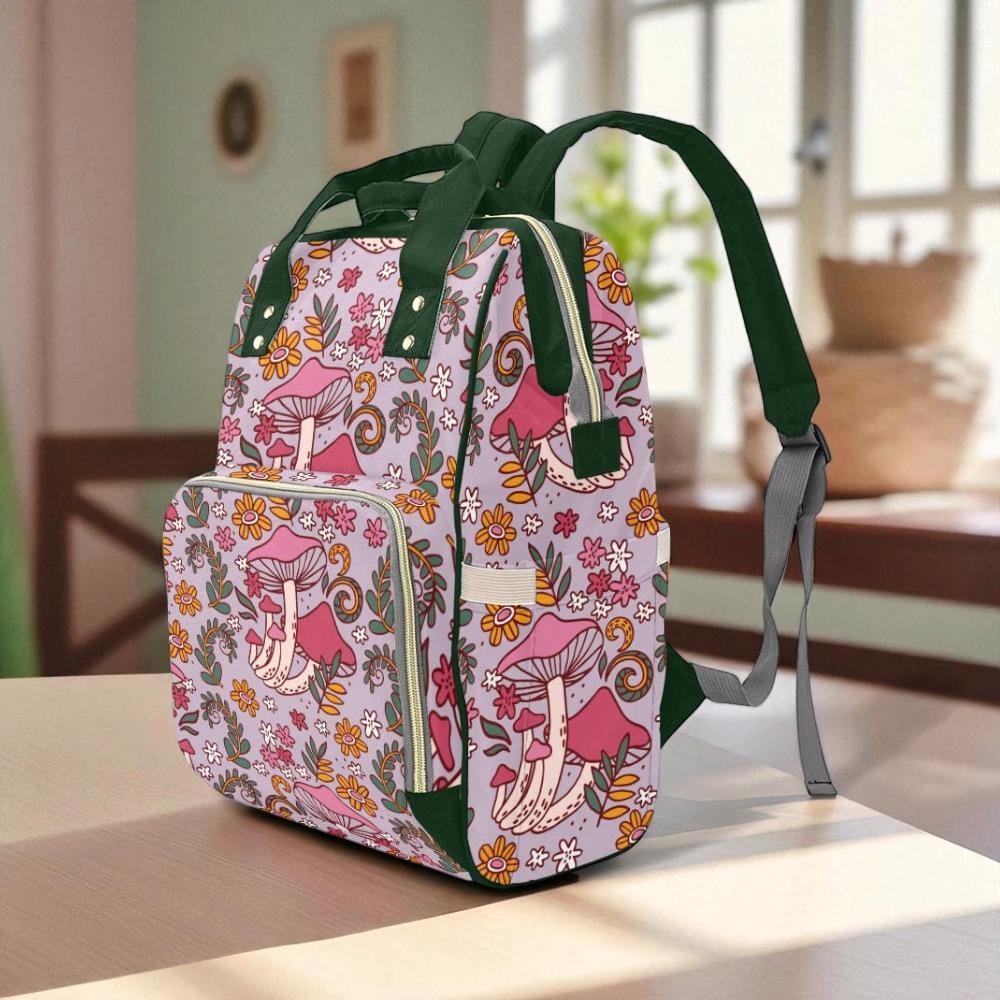 Pink mushroom floral backpack, retro flower baby diaper bag, cute whimsical mom tote,fairycore toddler backpack,cottagecore witchy gift idea