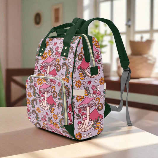 Pink mushroom floral backpack, retro flower baby diaper bag, cute whimsical mom tote,fairycore toddler backpack,cottagecore witchy gift idea