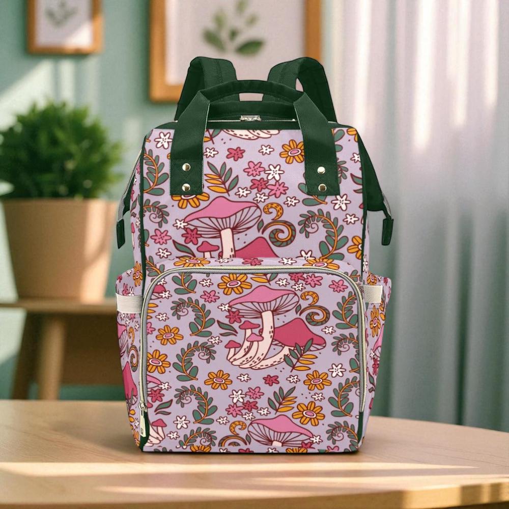 Pink mushroom floral backpack, retro flower baby diaper bag, cute whimsical mom tote,fairycore toddler backpack,cottagecore witchy gift idea