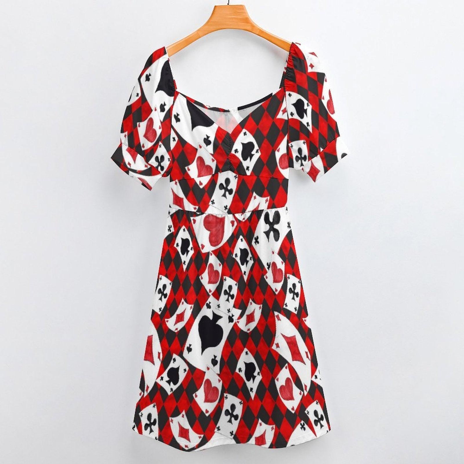 Card suit party dress, Alice inspired puff sleeve, queen of hearts mini dress, whimsical fairytale outfit, sweetheart themed fantasy dress