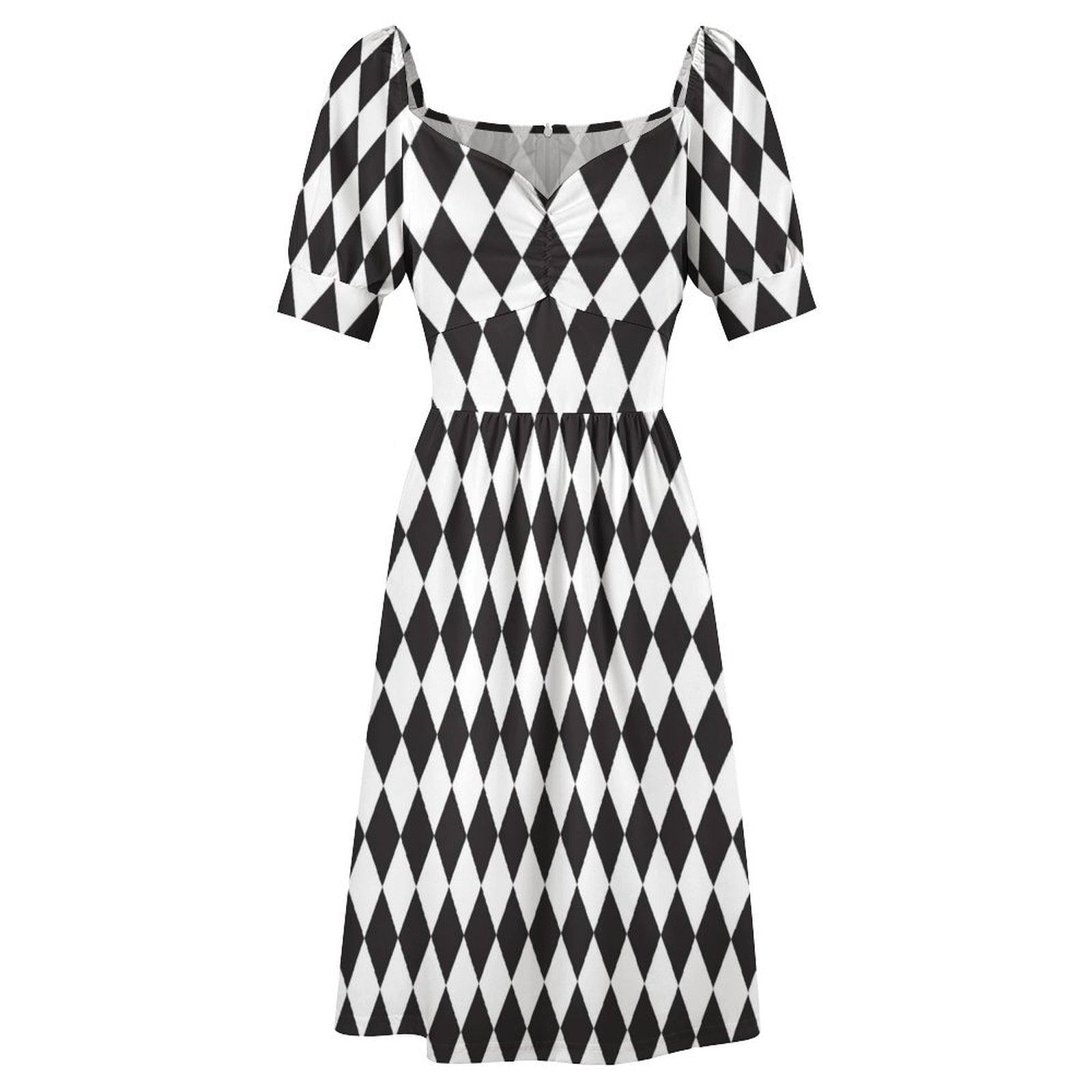 Gothic Alice Harlequin Mini Dress, Checkered Puff Sleeve Costume, Fairy Tale Halloween Outfit