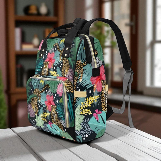 Tropical leopard diaper backpack, jungle flower baby tote, bold safari mom gift, rainforest aesthetic diaper bag,vibrant print baby backpack