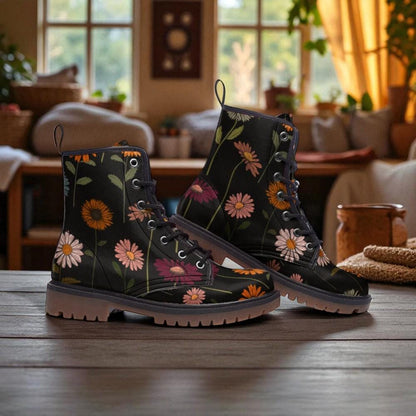 Dark Floral Combat Boots, Gothic Cottagecore Vegan Leather, Fairycore Shoes, Vintage Botanical Boots