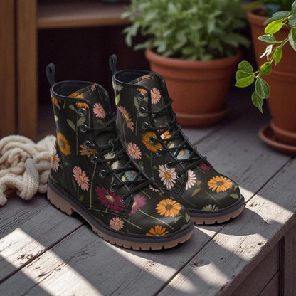 Dark Floral Combat Boots, Gothic Cottagecore Vegan Leather, Fairycore Shoes, Vintage Botanical Boots
