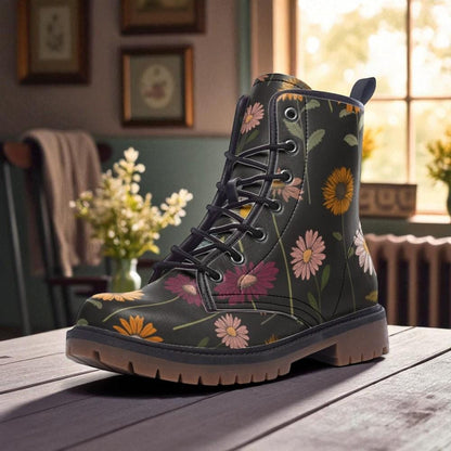Dark Floral Combat Boots, Gothic Cottagecore Vegan Leather, Fairycore Shoes, Vintage Botanical Boots