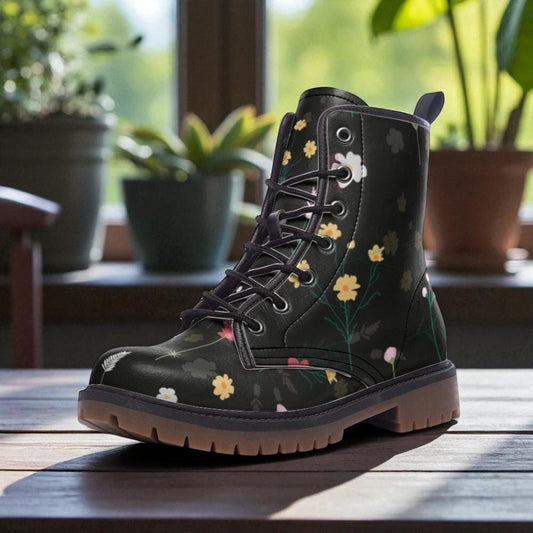 Wildflower Combat Boots, Dark Cottagecore Vegan Leather, Floral Festival Footwear, Fairycore Shoes