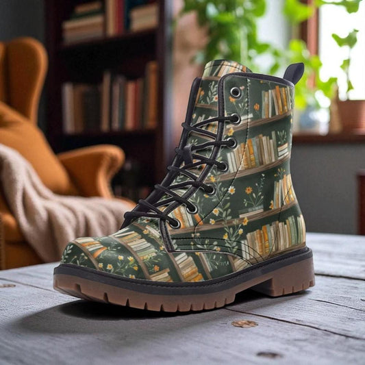 Bookshelf Combat Boots, Dark Academia Shoes, Cottagecore Library Footwear, Vintage Book Lover Gear, Literary Festival Boots,Botanical Reader