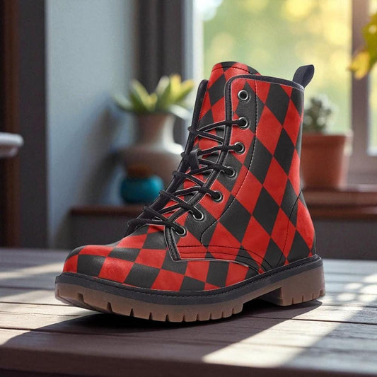 Harlequin checker boots, red black combat boots, circuscore platform boots, goth punk rave shoes, edgy alternative footwear, emo style boots
