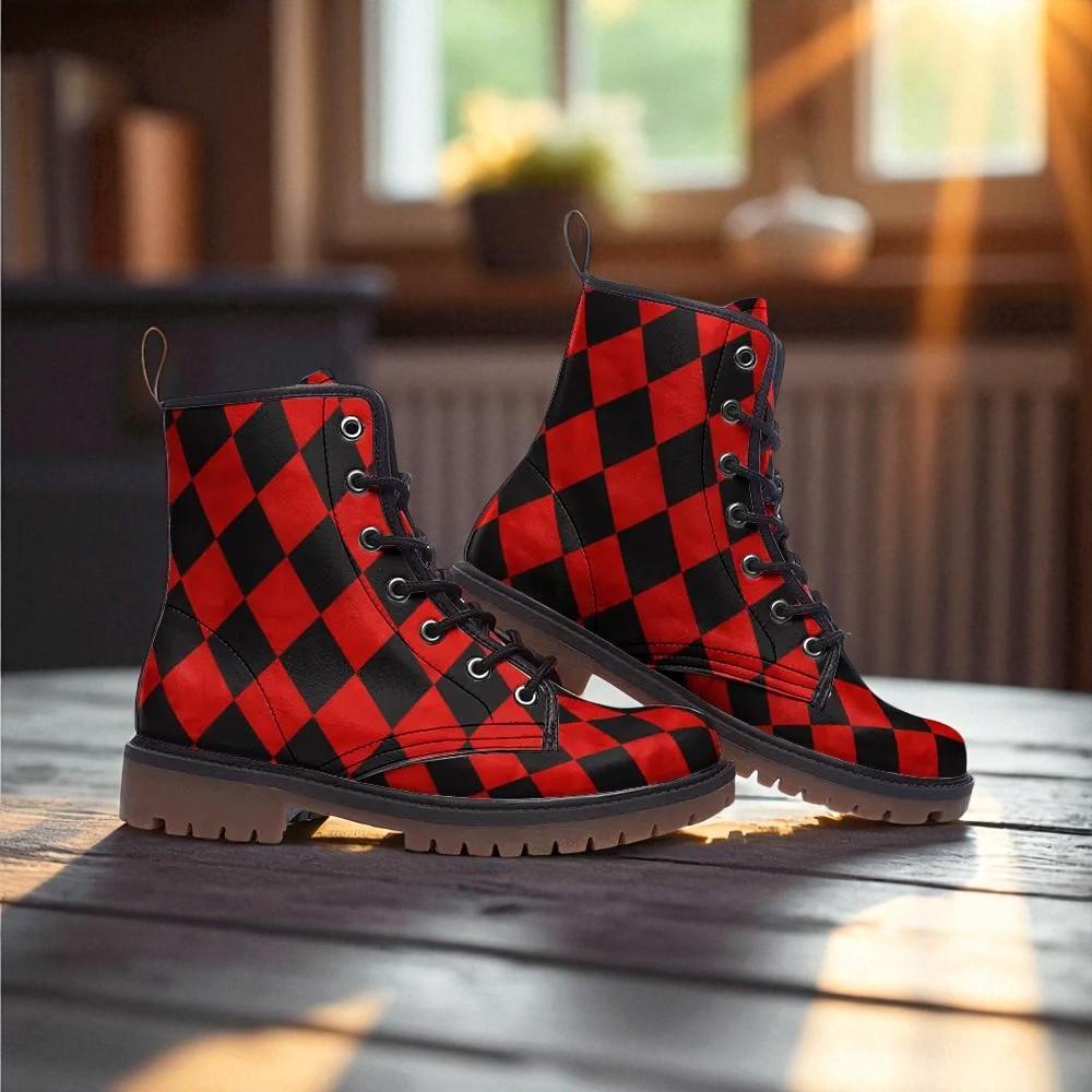 Harlequin checker boots, red black combat boots, circuscore platform boots, goth punk rave shoes, edgy alternative footwear, emo style boots