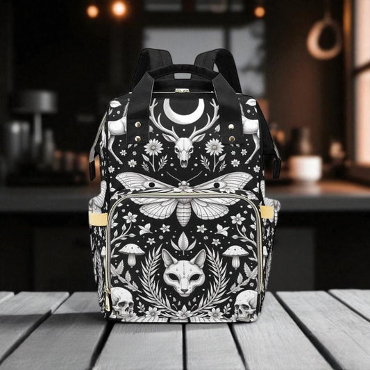 Lunar Forest Diaper Backpack, Witchy Animal Print Baby Bag with Moth Skull and Crescent Moon Design