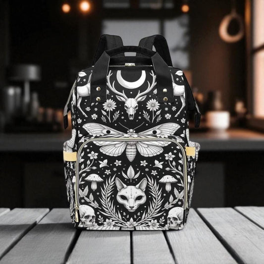 Lunar Forest Diaper Backpack, Witchy Animal Print Baby Bag with Moth Skull and Crescent Moon Design