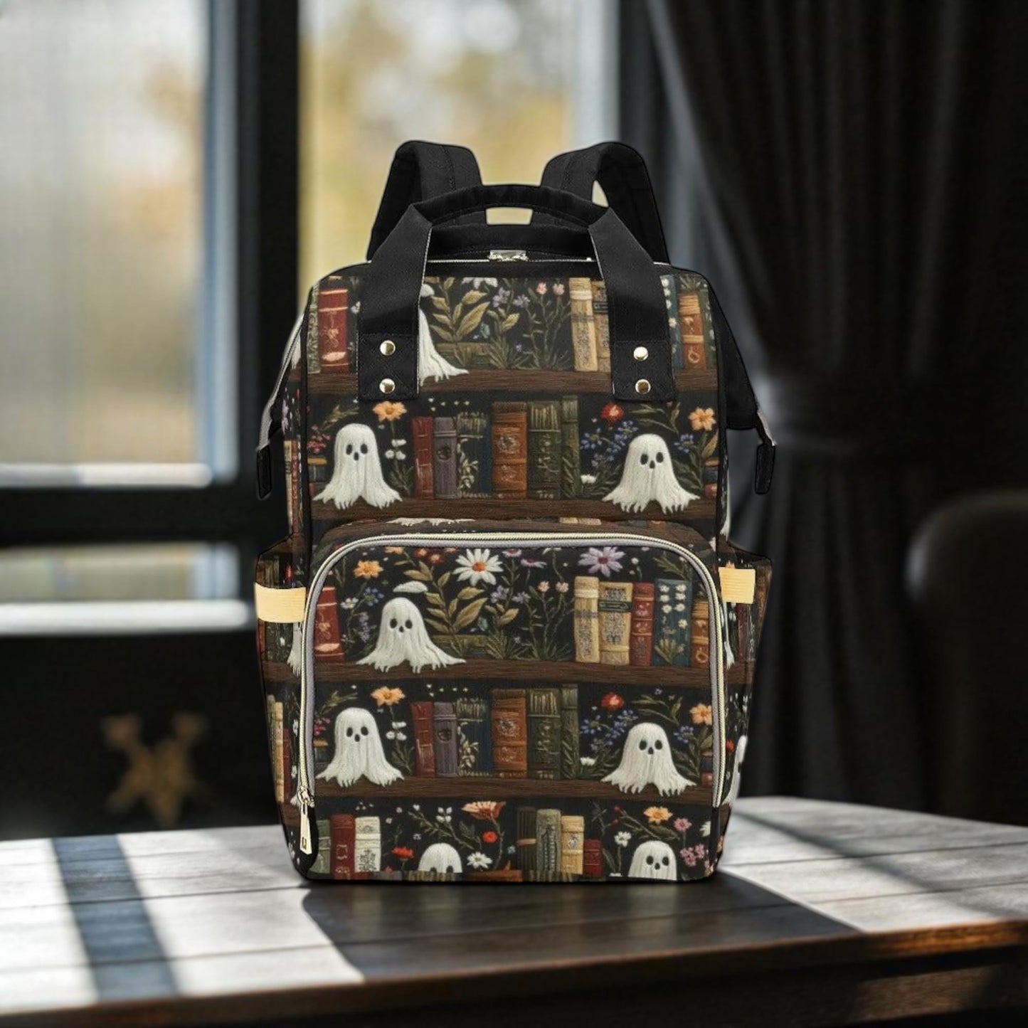 Haunted bookshelf backpack, ghost library diaper bag, spooky cottagecore school bag, enchanted dark academia baby backpack, reading mom bag