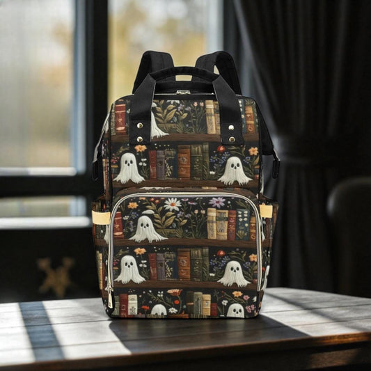 Haunted bookshelf backpack, ghost library diaper bag, spooky cottagecore school bag, enchanted dark academia baby backpack, reading mom bag
