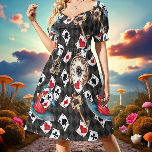 Playing card print dress, red sweetheart puff sleeve, Alice in Wonderland mini dress, fairytale fantasy outfit, whimsical themed party dress