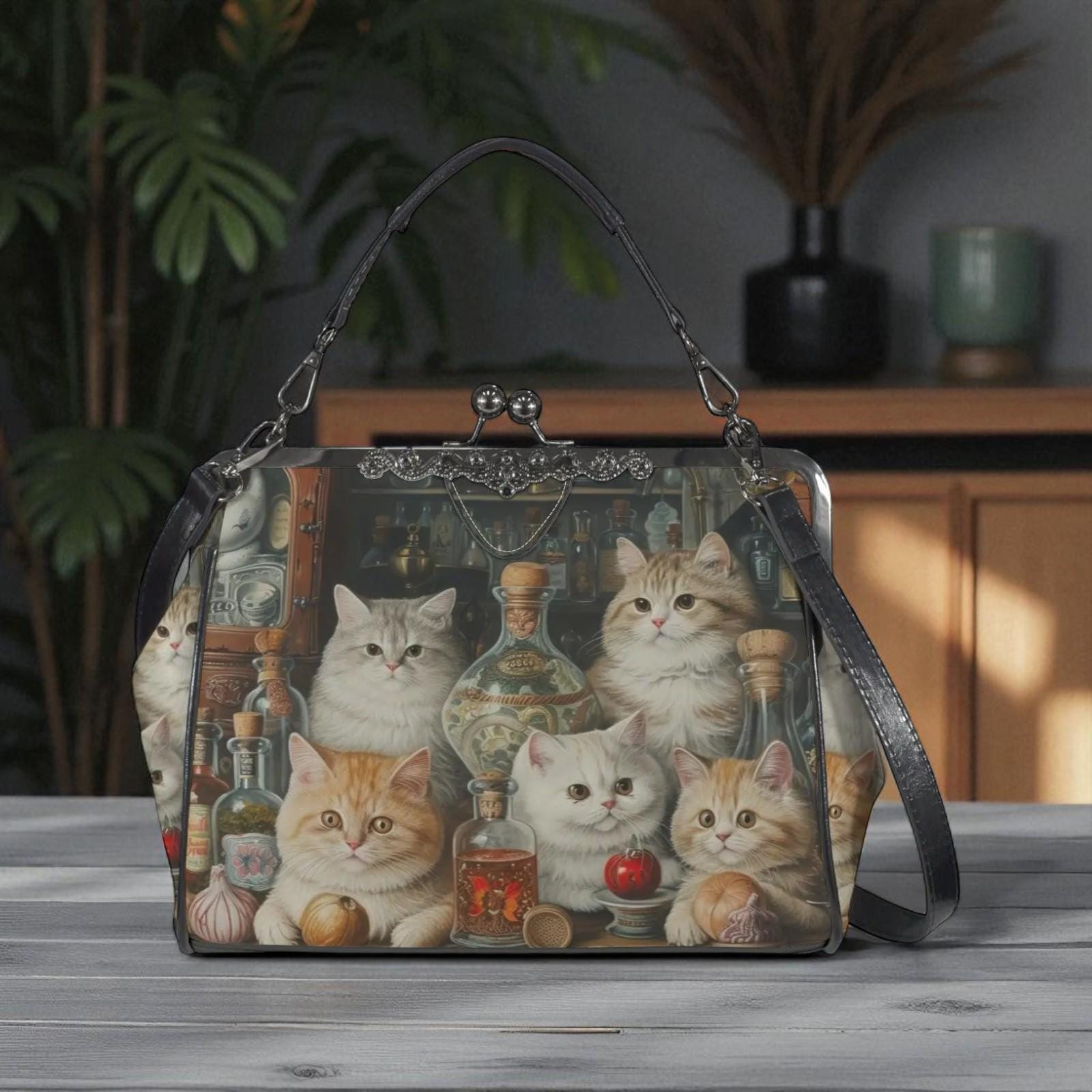 Cat Print Kisslock Bag, Vintage Style Handbag with Kittens and Potion Bottles