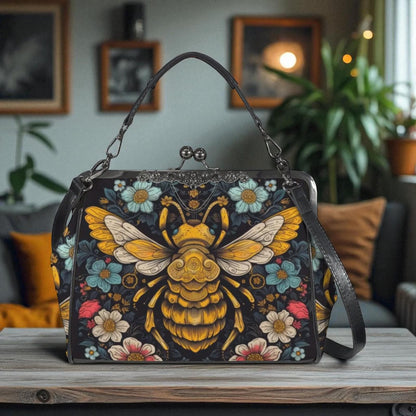 Honeybee Floral Kisslock Bag, Nature Inspired Purse, Vintage Handbag