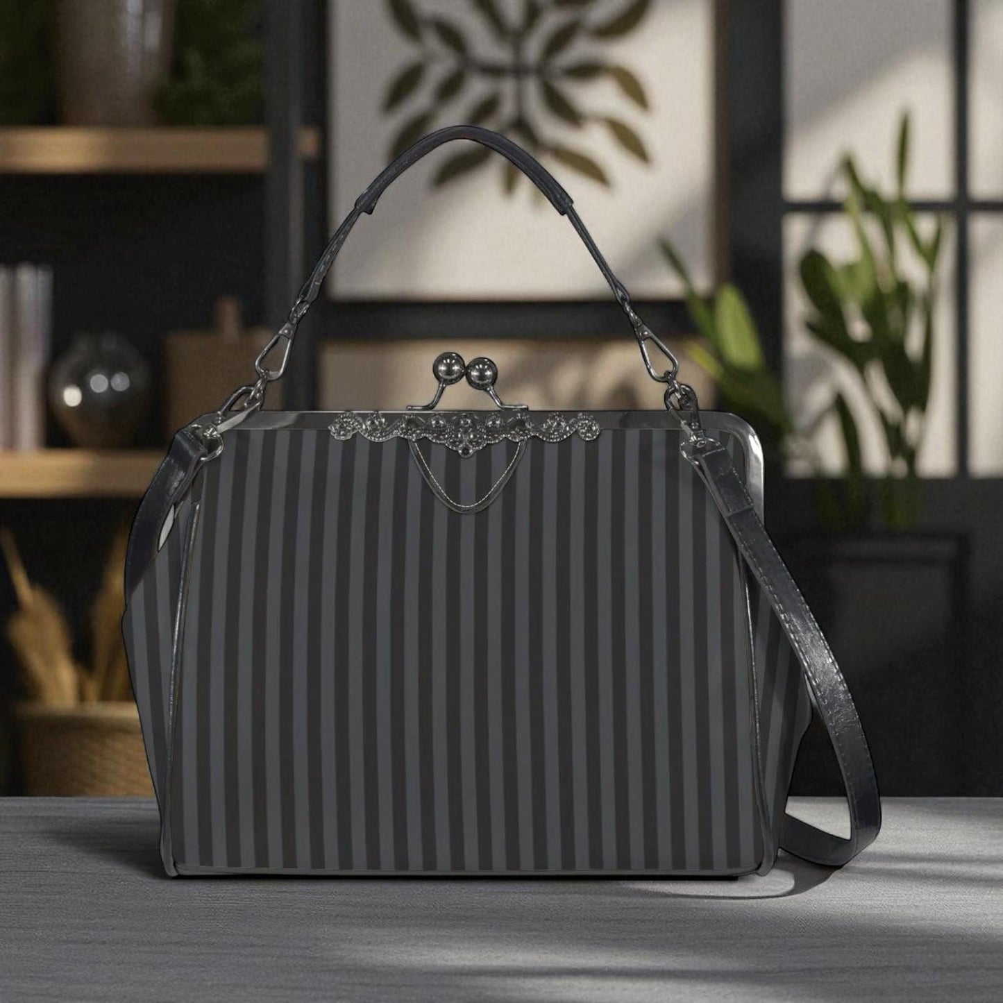 Black Stripe Kisslock Bag, Dark Academia Purse, Witchcore Handbag