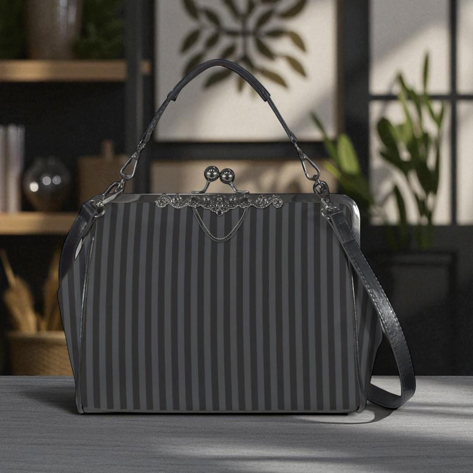 Black Stripe Kisslock Bag, Dark Academia Purse, Witchcore Handbag