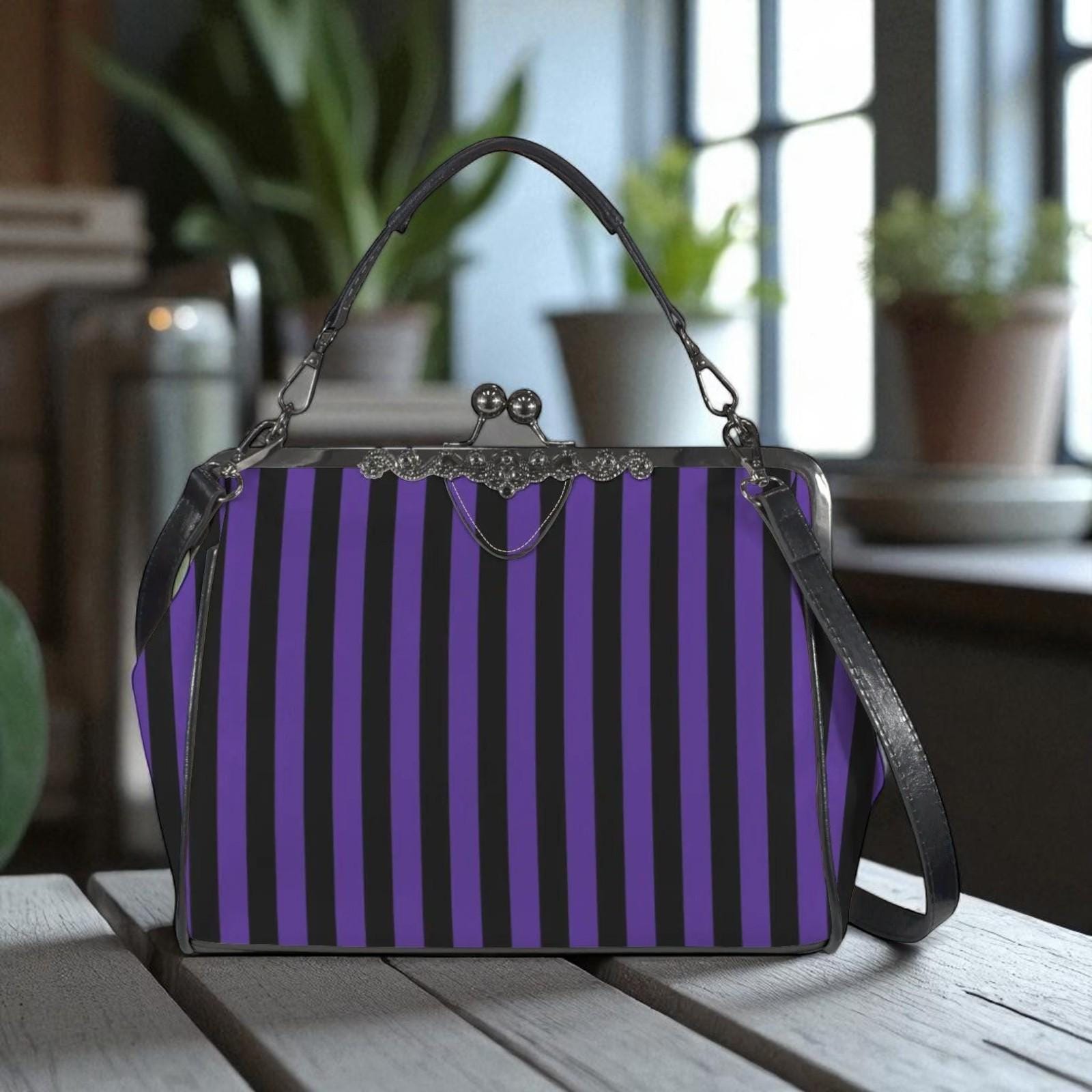 Witch market stripe handbag, bold purple black purse, vintage clasp stripe bag, dark carnival shoulder bag, enchanted stripe print accessory