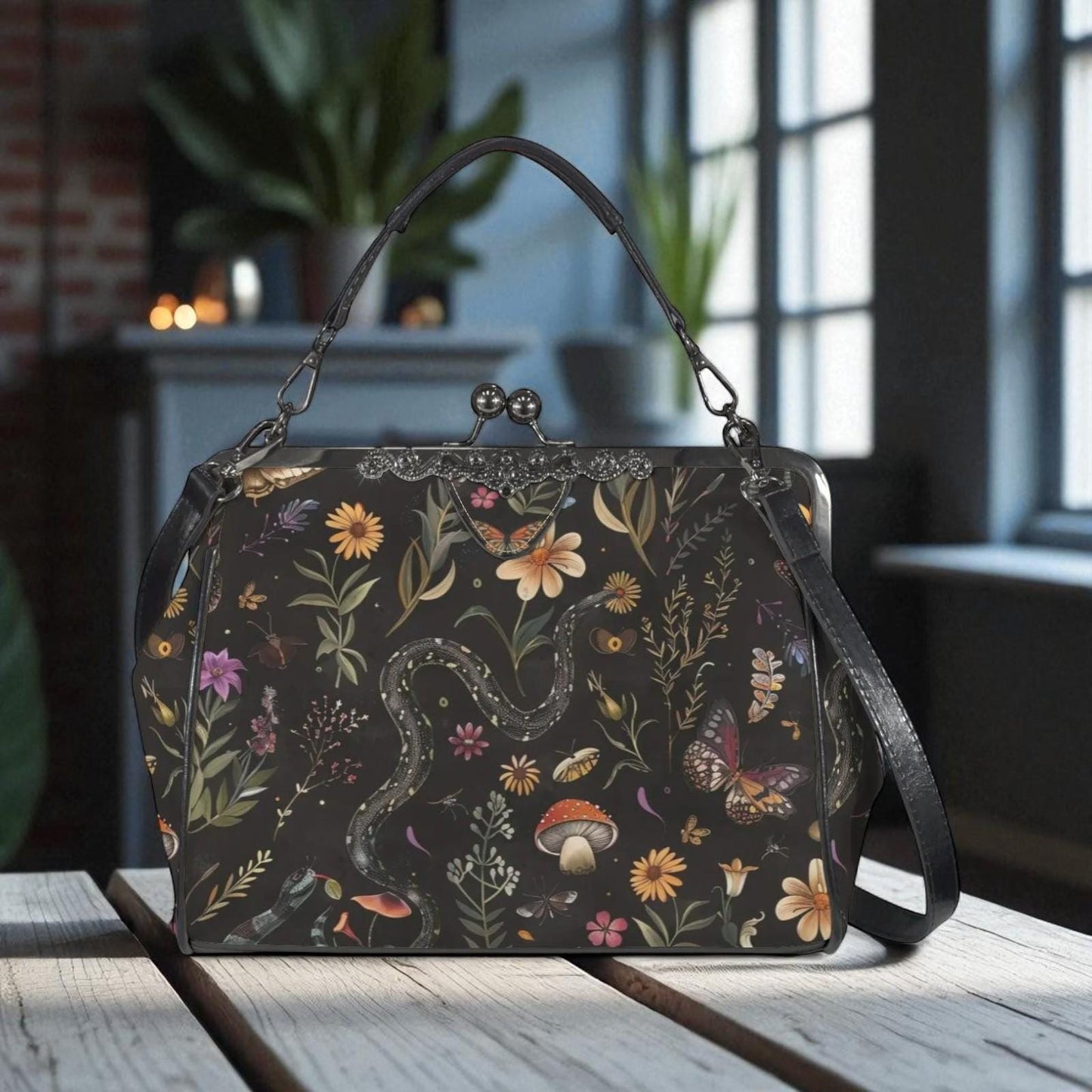 Botanical Snake Print Handbag: Enchanted Forest Clasp Purse