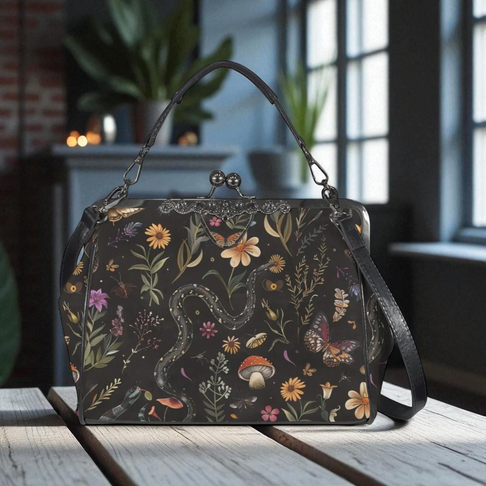 Botanical Snake Print Handbag: Enchanted Forest Clasp Purse