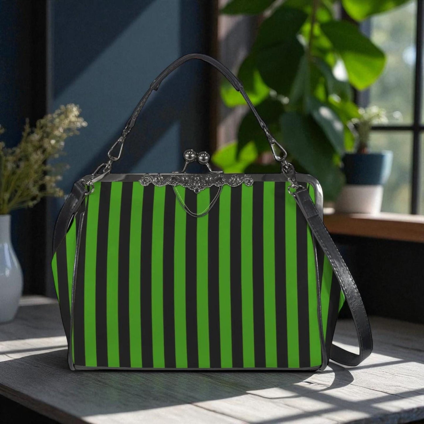 Green Stripe Kisslock Bag, Gothic Witchy Purse, Vintage Alt Fashion Handbag