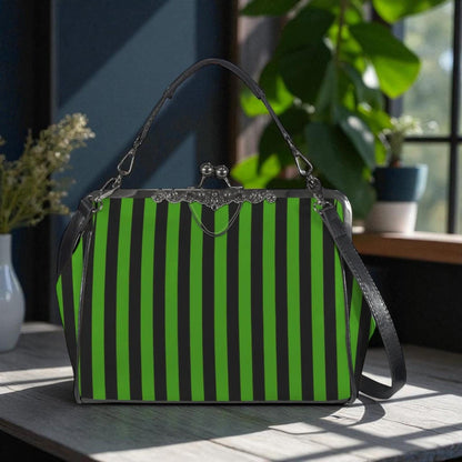 Green Stripe Kisslock Bag, Gothic Witchy Purse, Vintage Alt Fashion Handbag