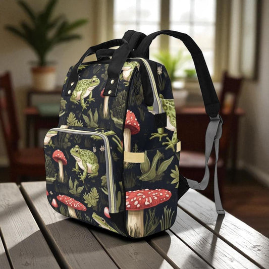 Frog and toadstool diaper bag, woodland amphibian backpack, enchanted forest baby bag, whimsical frog print bag, cottagecore travel backpack