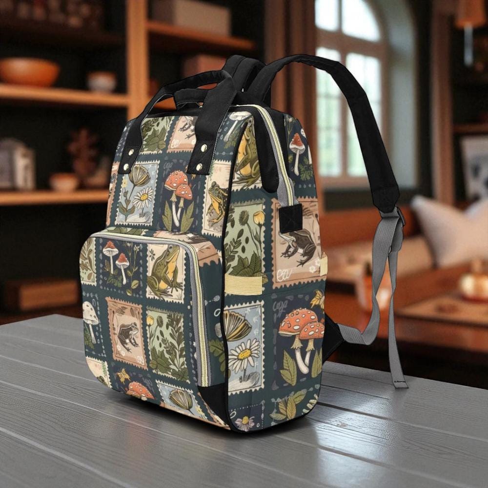 Mushroom frog patchwork bag, woodland cottagecore backpack, enchanted forest diaper bag, fairycore mushroom travel pack, whimsical backpack