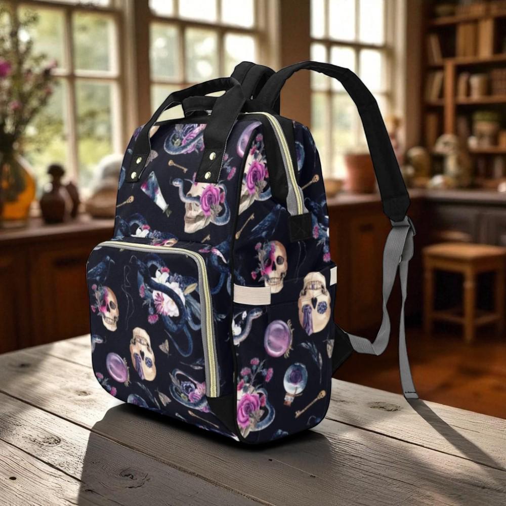 Occult Skull Backpack, Witchy Apothecary Bag, Gothic Diaper Organizer, Dark Fairycore Mom Gear, Mystical Potion Accessory, Vintage Skull Bag