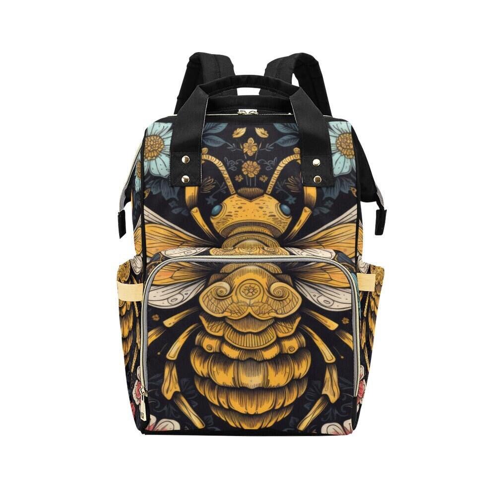 Golden Bee Backpack, Botanical Insect Diaper Bag, Dark Cottagecore Mom Bag, Vintage Bee Print, Boho Nature Backpack, Whimsical Organizer Bag