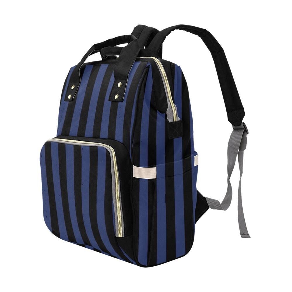 Gothic Striped Backpack, Dark Academia Diaper Bag, Blue Black Emo Gear, Witchy Mom Organizer, Grunge Stripe Print,Punk Accessory,Alt Mom Bag