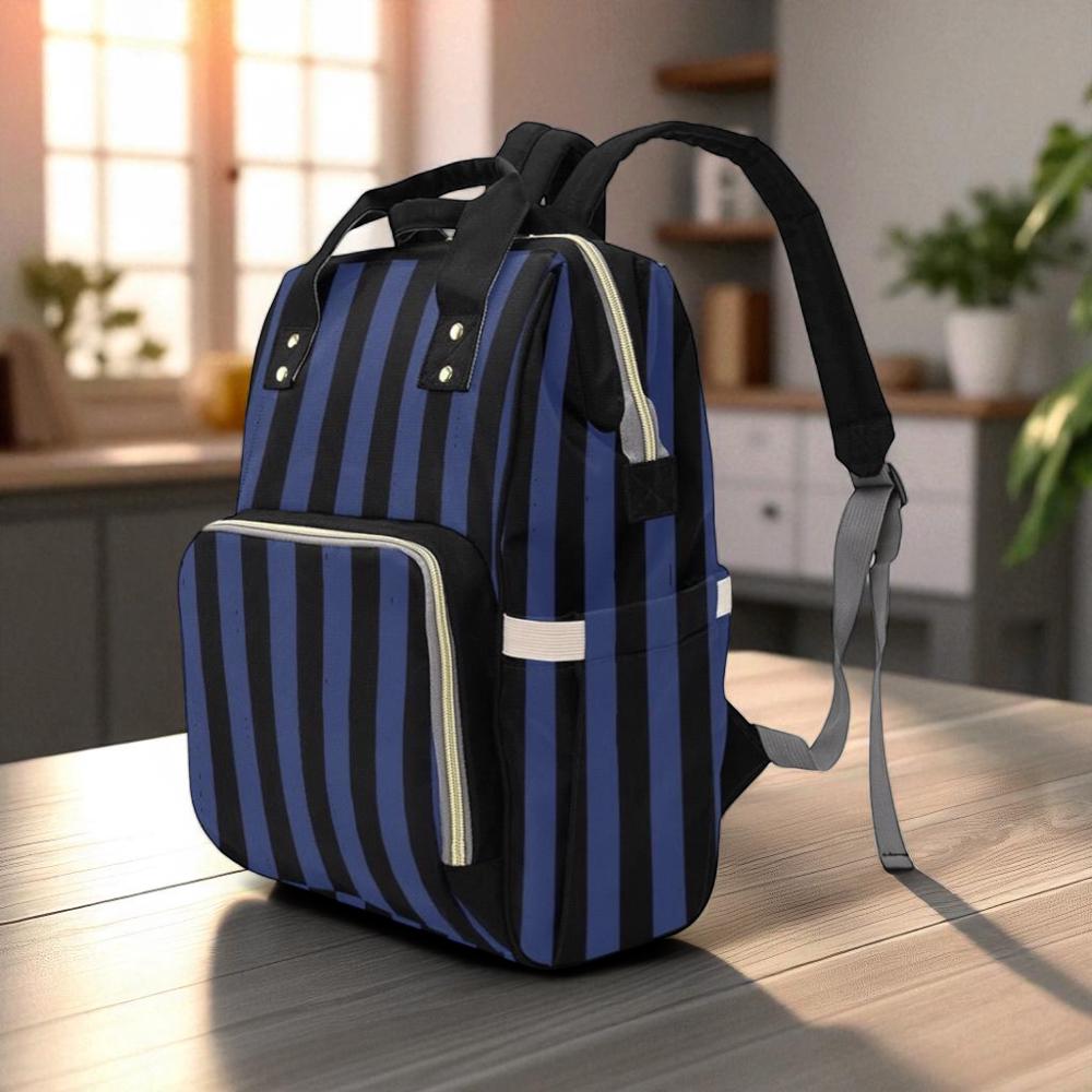 Gothic Striped Backpack, Dark Academia Diaper Bag, Blue Black Emo Gear, Witchy Mom Organizer, Grunge Stripe Print,Punk Accessory,Alt Mom Bag