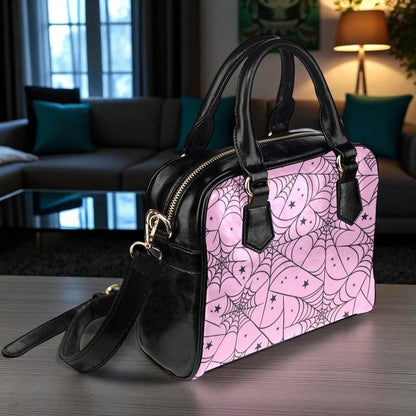 Pink Spiderweb Handbag with Star Pattern, Pastel Goth Purse for Halloween Outfits, Cute Witchy Crossbody Satchel,Kawaii Creepy Aesthetic Bag