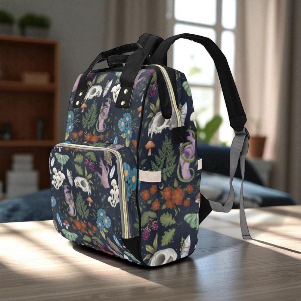 Occult Botanical Backpack, Witchy Forest Diaper Bag, Gothic Fairycore Gear, Mystical Skull Organizer, Dark Cottagecore Accessory, Alt Bag