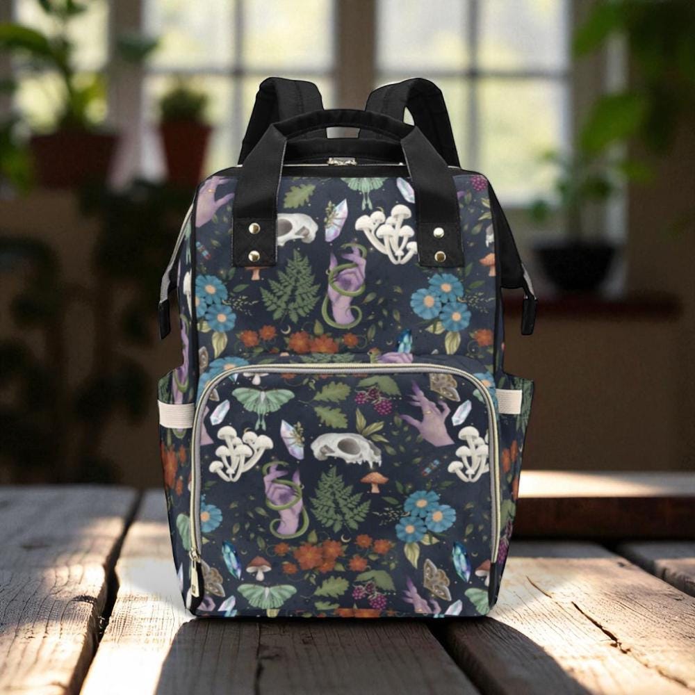 Occult Botanical Backpack, Witchy Forest Diaper Bag, Gothic Fairycore Gear, Mystical Skull Organizer, Dark Cottagecore Accessory, Alt Bag