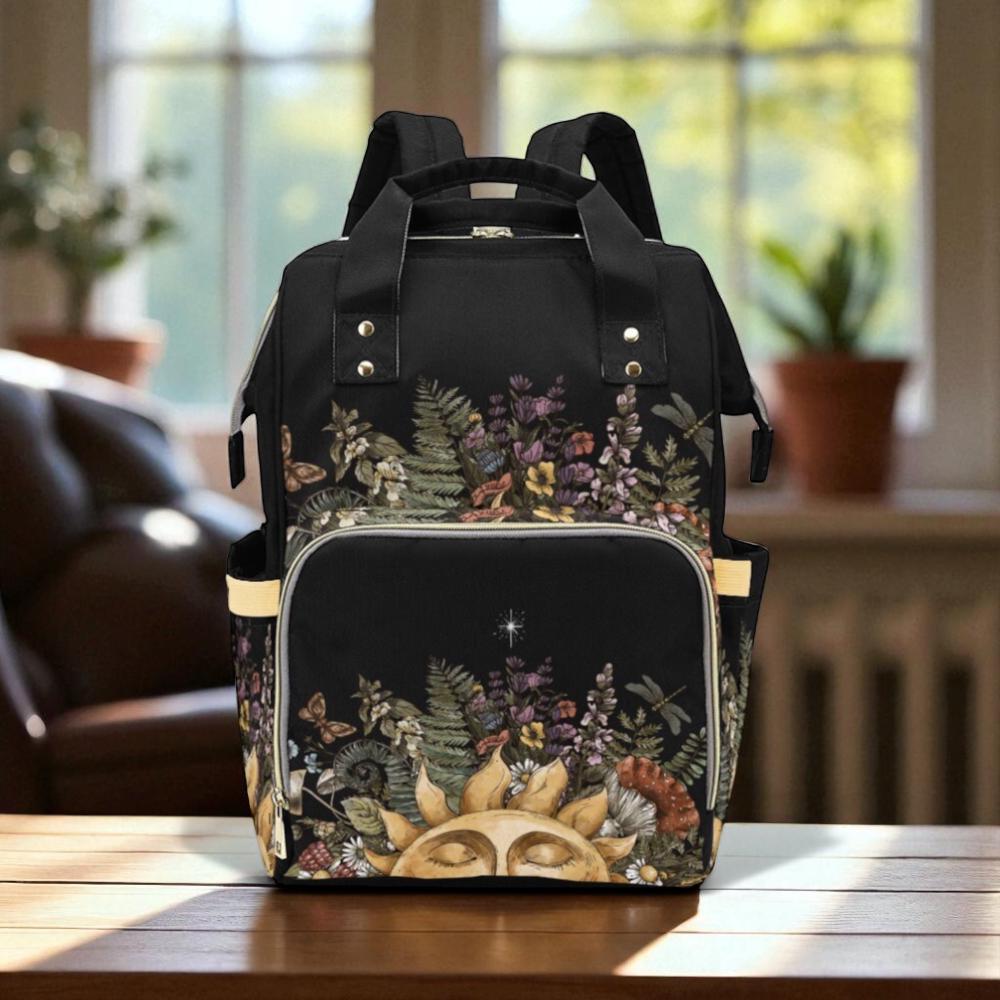 Celestial Sun Backpack, Botanical Witchy Bag, Dark Fairycore Diaper, Mystical Forest Print,Cottagecore Festival Gear,Alt Astrology Accessory
