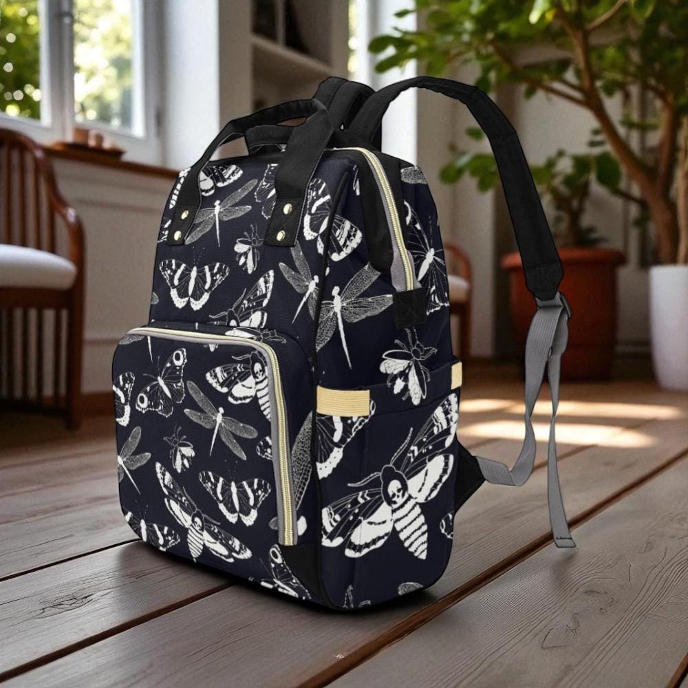 Gothic Moth Backpack, Dragonfly Witchy Bag, Dark Fairycore Organizer, Occult Insect Print, Mystical Mom Gear, Alt Festival Diaper Bag